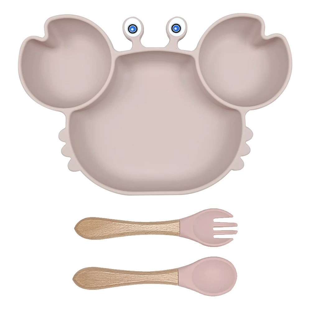 

EU CE Standard Silicone Baby Plate Custom Logo Dinner Plato 100% Food Grade Plain Color Crab Plato With Cutlery