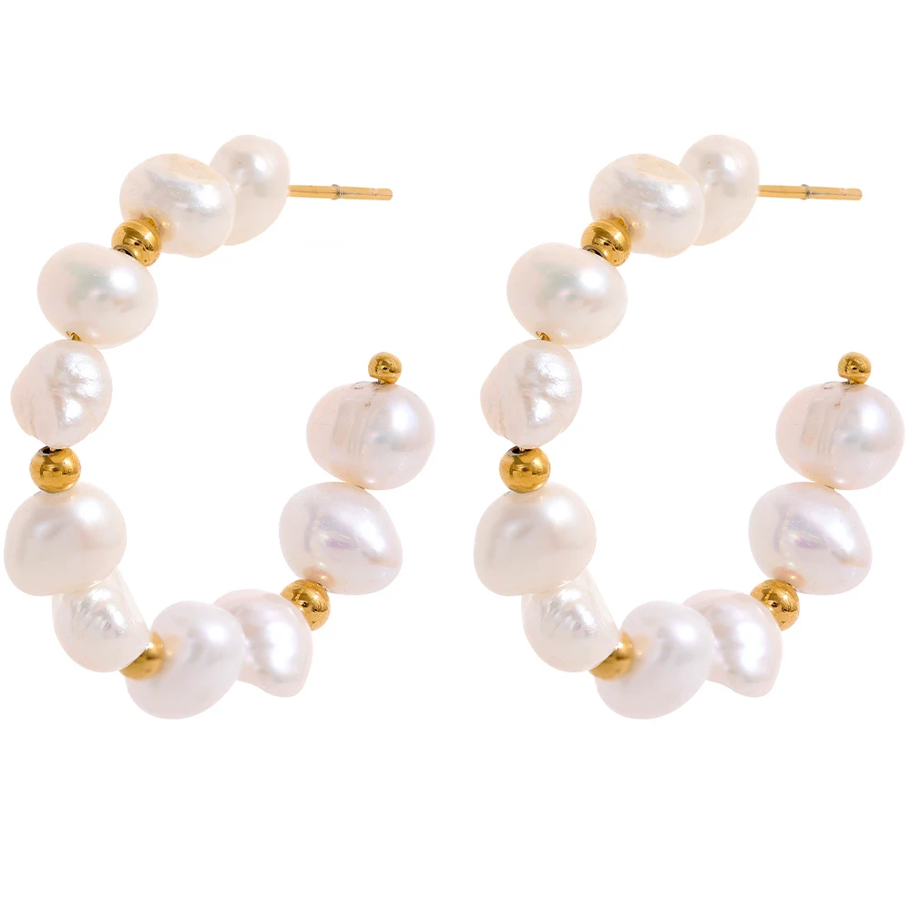 JINYOU 526 Elegant Irregular Natural Pearls Beads Stainless Steel Fashion Hoop Earrings Charm 18k Gold Plated Fashion Jewelry