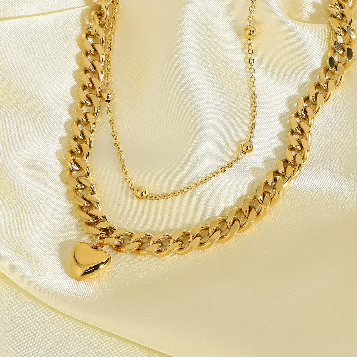 

New Trendy 14K Gold Layer Cuban Chain Love Heart Pendant Round Bead Chain Necklace