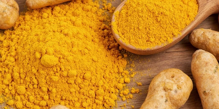 Golden bowl of turmeric powder on a rustic wooden table