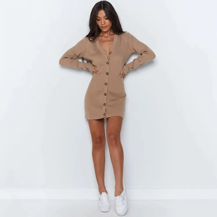 

Button V Neck Knitted Dress Bodycon Mini Vestido Autumn Sexy Party Elegant Black Moda Feminina Ropa Mujer Robes