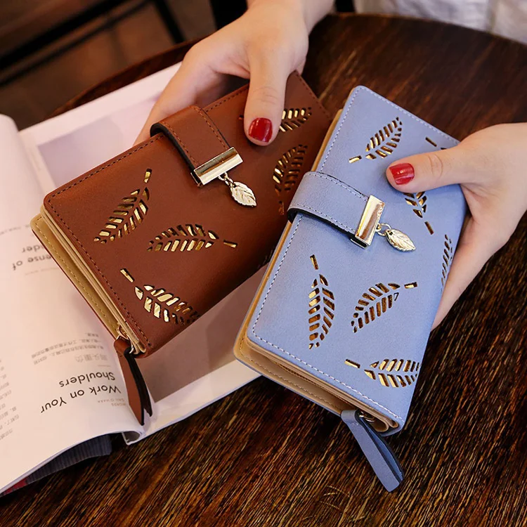 

Hollow Out Leaf Pattern Ladies Wallet With Mobile Phone Holder Zip Around Wallet Womens Trifold Wallet Womens Fashion, Black, pink, blue, brown, coffee
