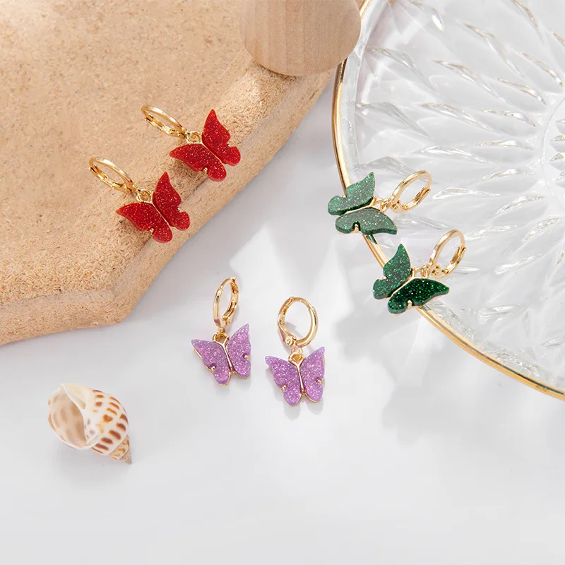 

Hot Sale Color Acrylic Butterfly Dangle Earrings Real Gold Plated Glitter Acrylic Butterfly Earrings, Picture