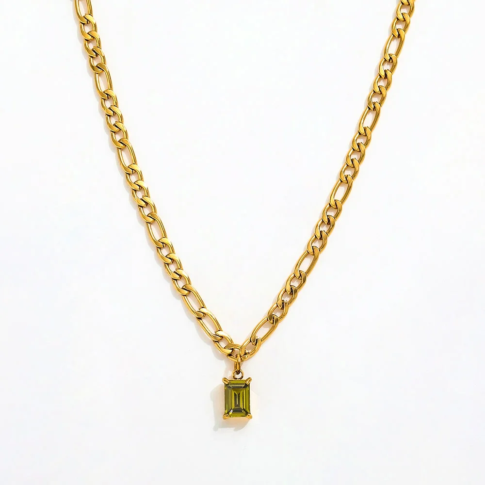 Joolim 18k Gold Plated PVD Rectangle Olive Green Zirconia Pendant Figaro Chain Necklace Stainless Steel Wholesale
