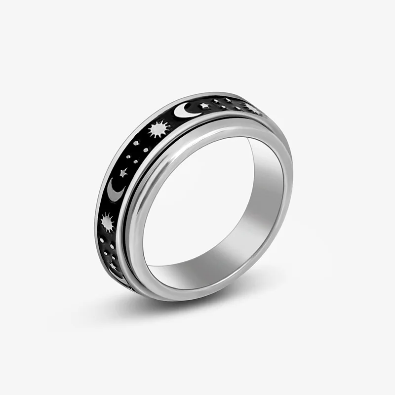 

Sun Moon Star Titanium Steel Rotatable Ring Male European and American Stainless Steel Couple Ring, Silver