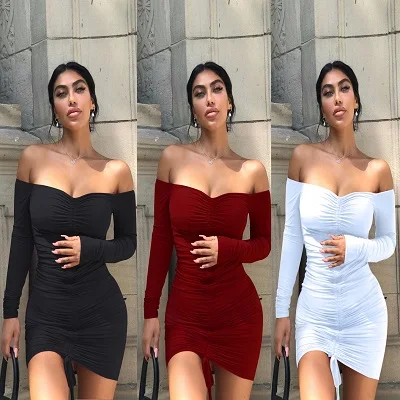 

Fall Summer 2021 Long Puff Sleeve Folds Sexy Strapless Nightclub Folds Fashion Bodycon Mini Casual Dresses Women