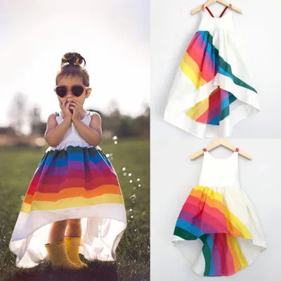 

F40614A 2021 hot fashion cute sweet irregular rainbow summer kids baby girl dress baby girl dress