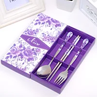 

wedding gift promotional items stainless steel Purple pink blue green red cutlery set spoon & fork and chopstick set