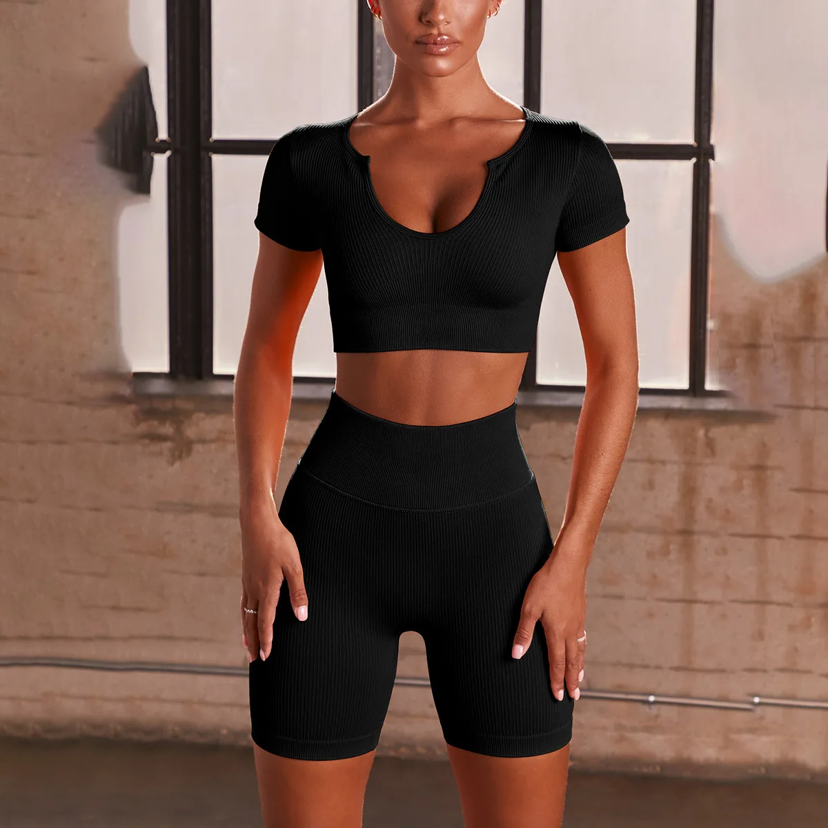 

New Design T ik T ok Hot Sale Seamless Yoga Outfit Ropa Deportiva Mujer Women Active Wear Gym Clothing Sport Bra Short Set, Customized colors