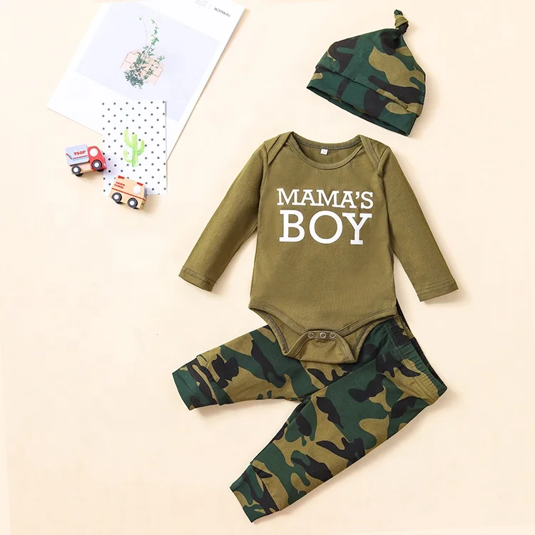 

Newborn Baby Boys Camouflage Clothes Letter Print Romper Long Pants Hat 3PCS Baby Outfits Set