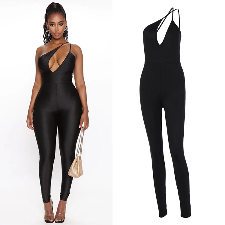 

Clacive Summer Streetwear New Asymmetrical Neck Women Jumpsuit Sexy Black One Piece Women Jumpsuits