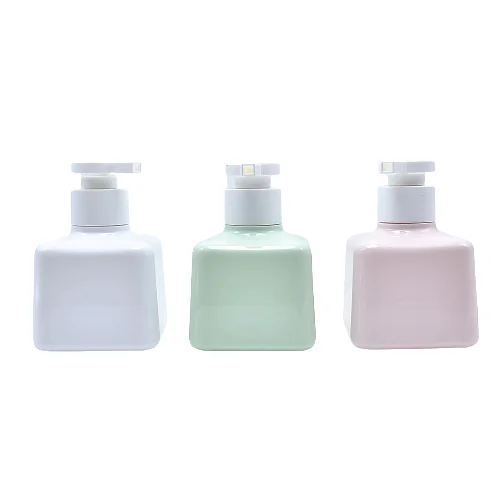 

New Design Wholesale Empty Cosmetic Packaging 200ml 300ml Pink Round Square Shape Shampoo Pump Bottles