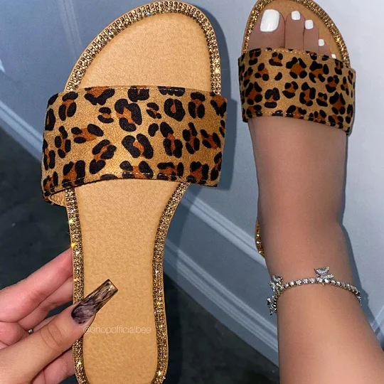 

Snake-print leopard print anti-slip big size outdoor lady's flat slippers, Golden sliver leopard print snake-print