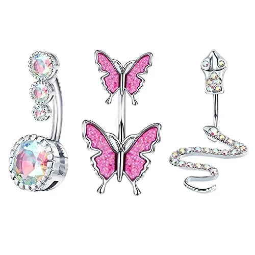 

Wholesale 316L Stainless Steel Belly Rings Sexy Shiny 4A Zircon Navel Rings Personalized Snake Butterfly Belly Rings Dangle