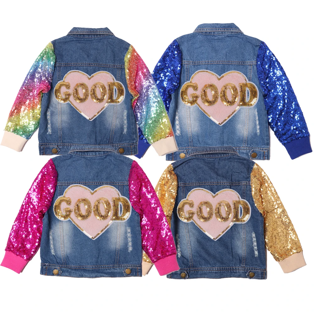 

Custom Logo Kids Clothes Baby Girls Jackets Long Sleeve Coat Outwear Collar Sequin Denim Jackets, Customized color