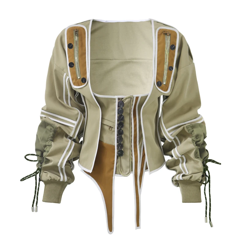 Runway tops coat windbreaker patchwork Army green irregular vintage with cotton  lace up corset dress Ladies jacket