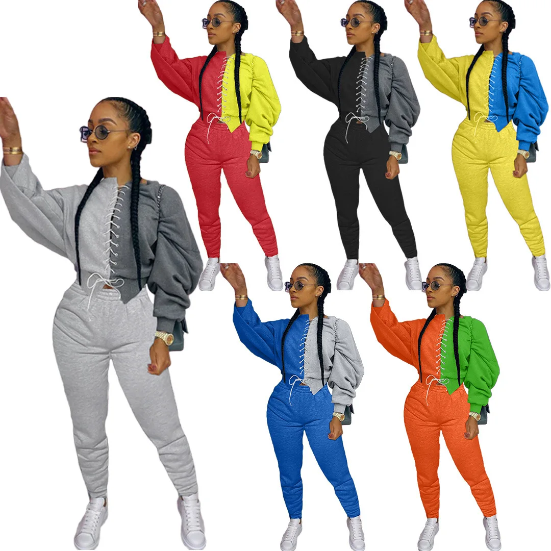 

Ready to ship plus size casual patchwork puffed bubble sleeves 2 piece women sweatsuit set