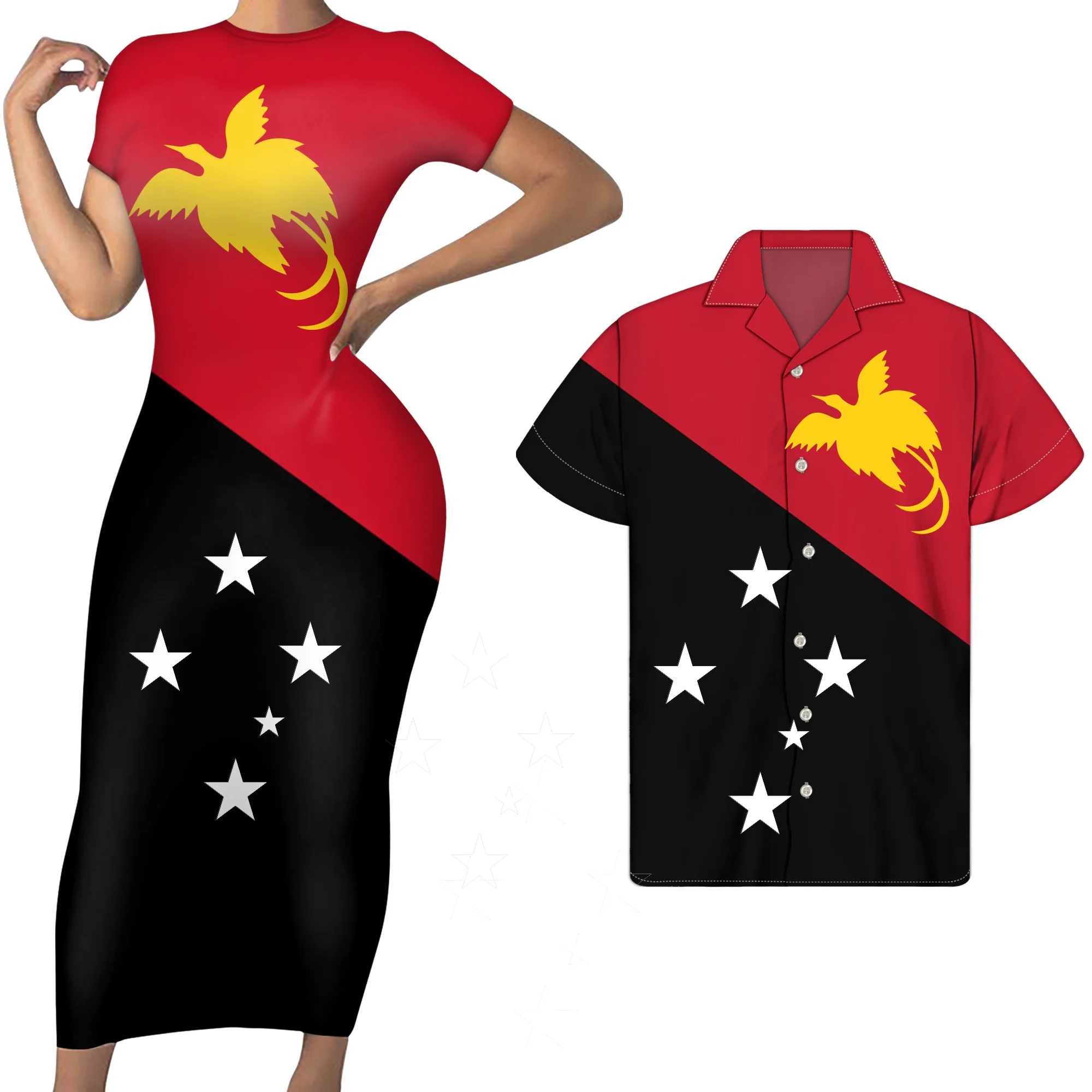 

Papua New Guinea Flag Polynesian Tribal Prin Couple Clothes Bodycon Print Dress & Men Shirt Couple Dress PNG Flag Couple Dress, Customized color