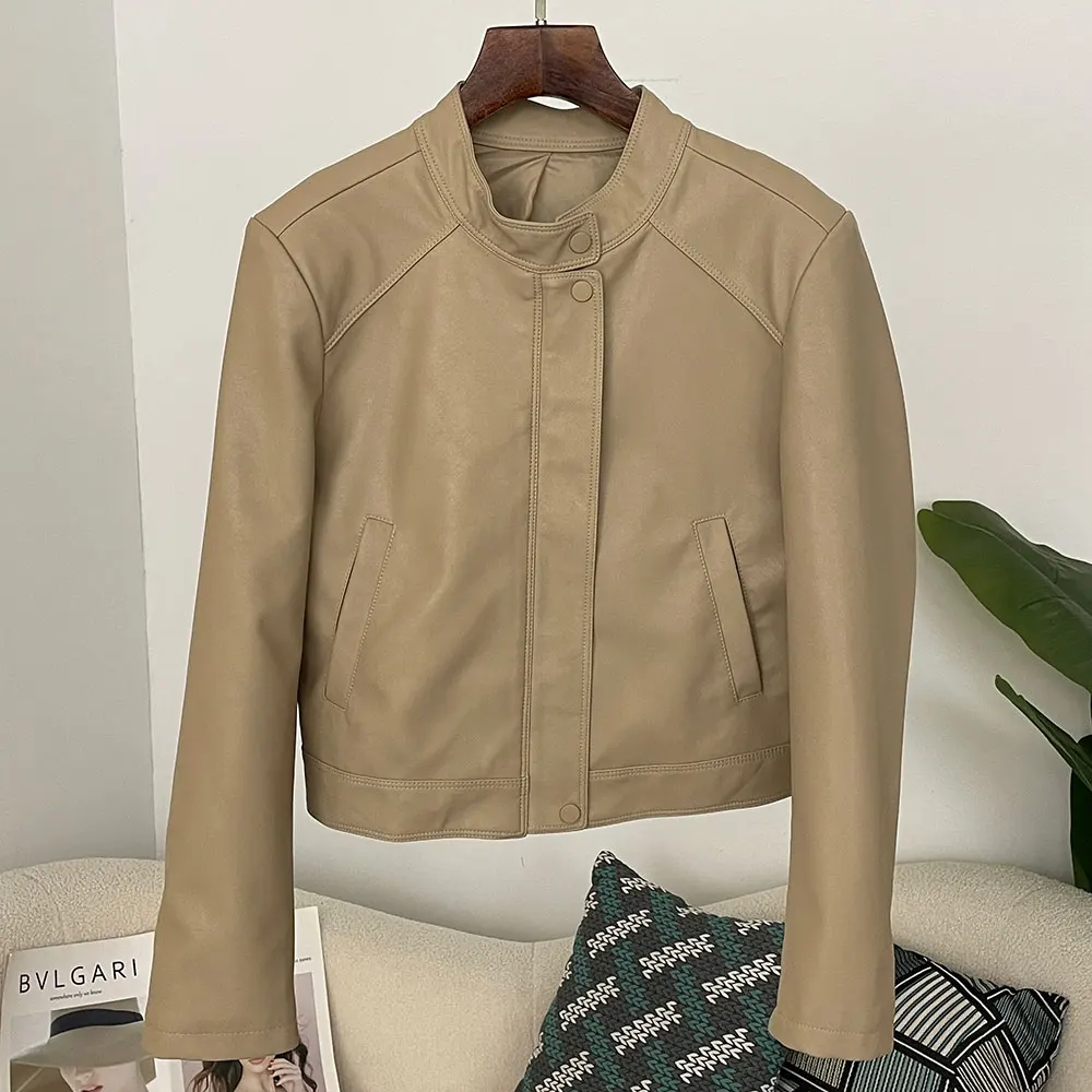 OFTBUY Women's Waterproof Stand Collar Long Sleeve Transition PU Leather Jacket Ladies Faux Moto Jacket Zipper Loose Fit Autumn
