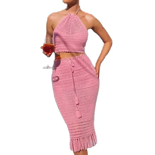 

HOT summer women crochet crop top bikini beach wear women halter top with midi dress swimming clothing sets, Customized color