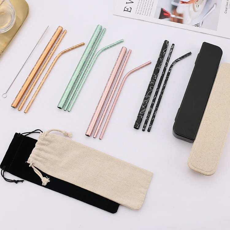 

New Products 2020 Reusable Stainless Steel Pattern Drinking Straws for Wine Accessories, Black, gold, pink, green