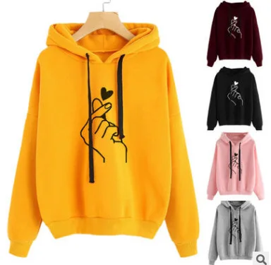 

New Style Hooded Sweater Printed Love Hand Hooded Loose Sweater Casual Wear