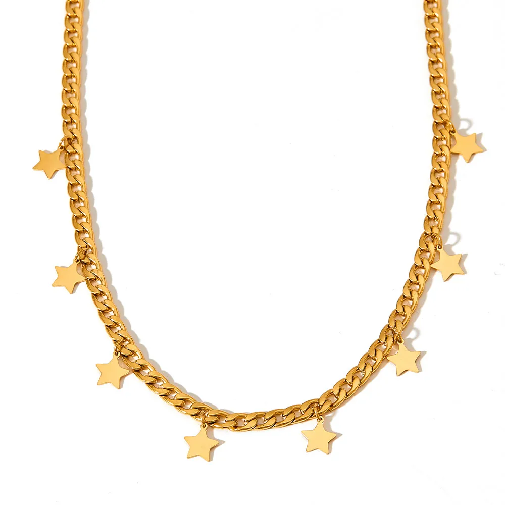 

Statement Gold Plated Stainless Steel Cuban Chain Star Necklace Hip Hops Titanium Steel Star Necklace For Party