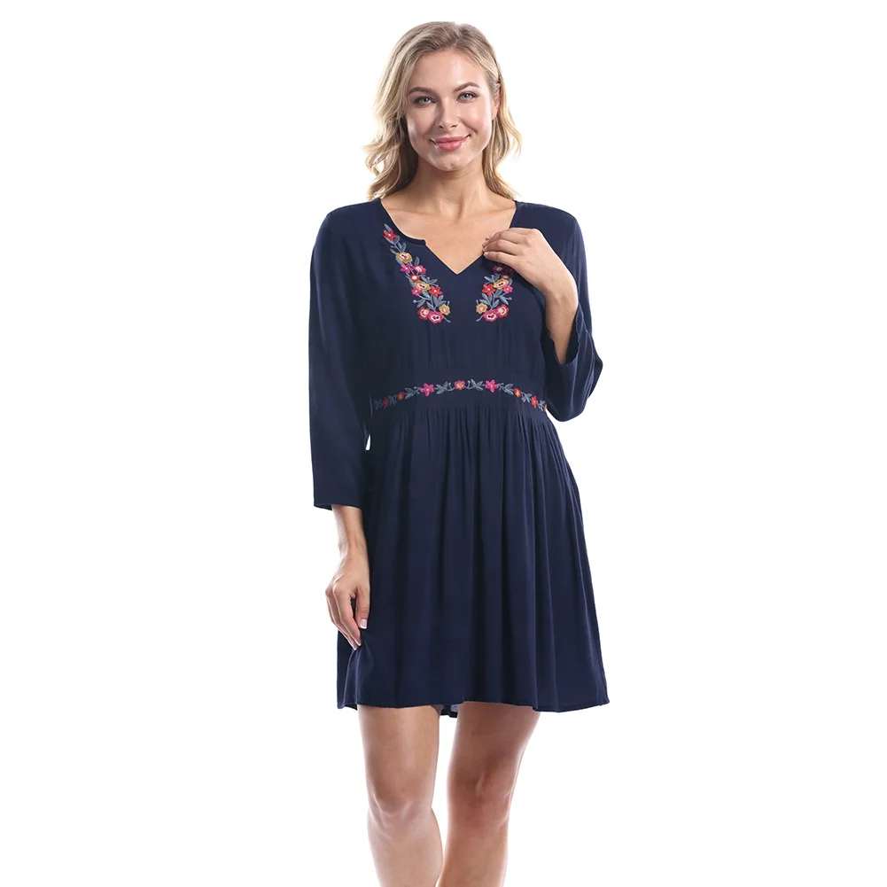 

Clothing Lady Wear Dress Casual Special Embroidered 3/4 Sleeve flare short Dress For Women Lady