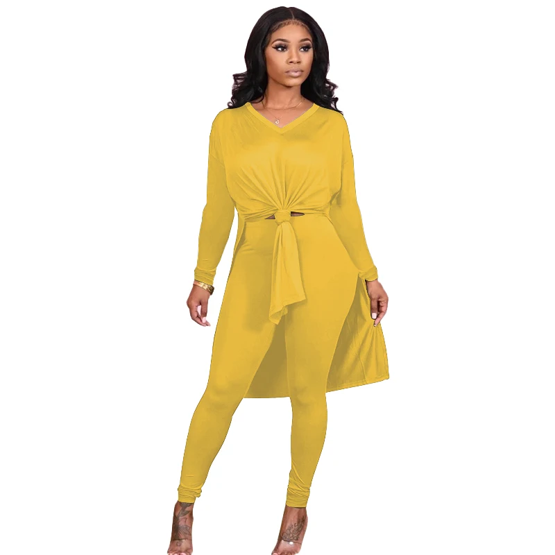 

New design long sleeve loose slit T-shirt and Butt Lifter Yoga Pants yellow sweatsuit womens track suit