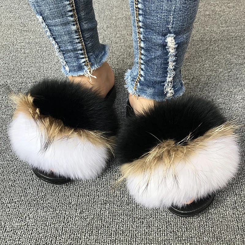 

China Manufacture High Quality Jelly Slides Fur slides Furry Women Raccoon Fur Slipper Slippers Rainbow Sandals Fur Slides, Pink,yellow,white,black,green,or custom