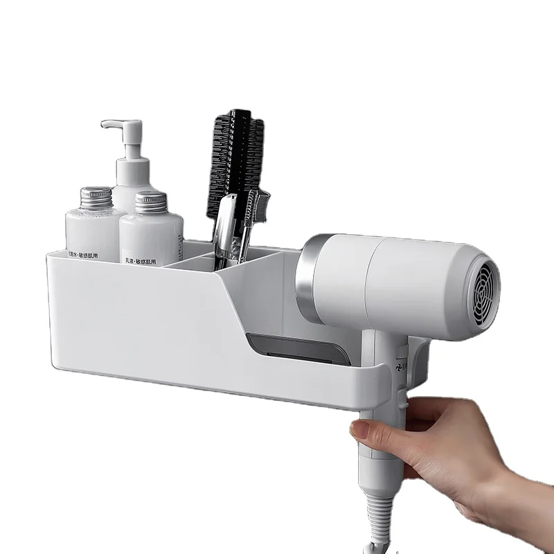 

Amazon hot sale Multifunctional wall mounted plastic hair dryer holder with storage rack white