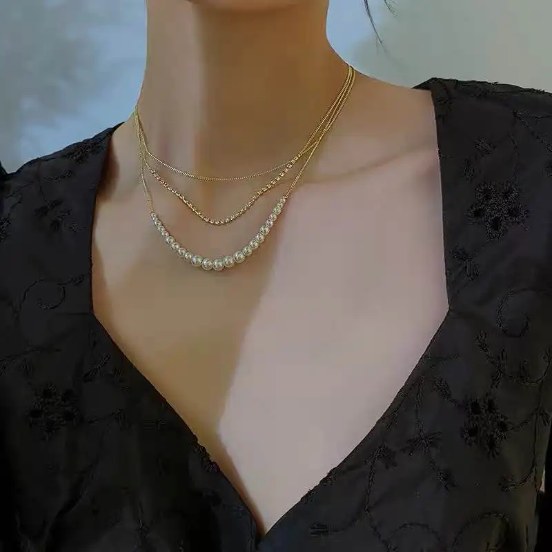 

danyuan gold plated pearl strand necklace seed pearl necklace custom gold plated three layer necklace, Picture