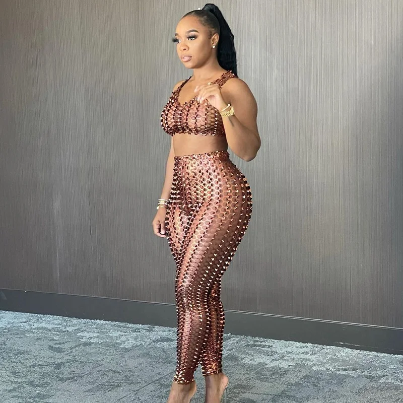 

Designer sets clothing summer suit 2 pice women sets skinny hot sale solid color stitching hollow high waist hole suit, As picture