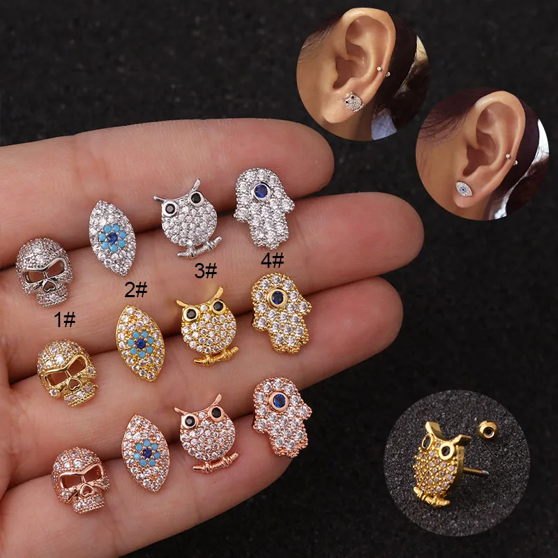 

20g CZ Tiny Cartilage earrings Dainty Hand Eyes Owl Skull Skeleton Piercing Steel Bar Earring Tragus piercing CZ stud Helix Ear