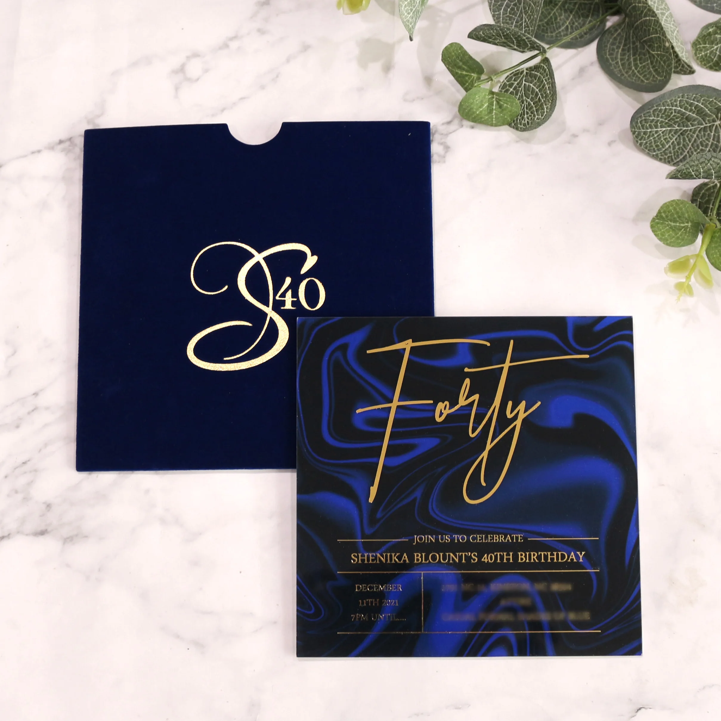 

Newest Velvet Pocket Foil Blue Acrylic Design Wedding Decoration 40th Birthday Invitation Cards