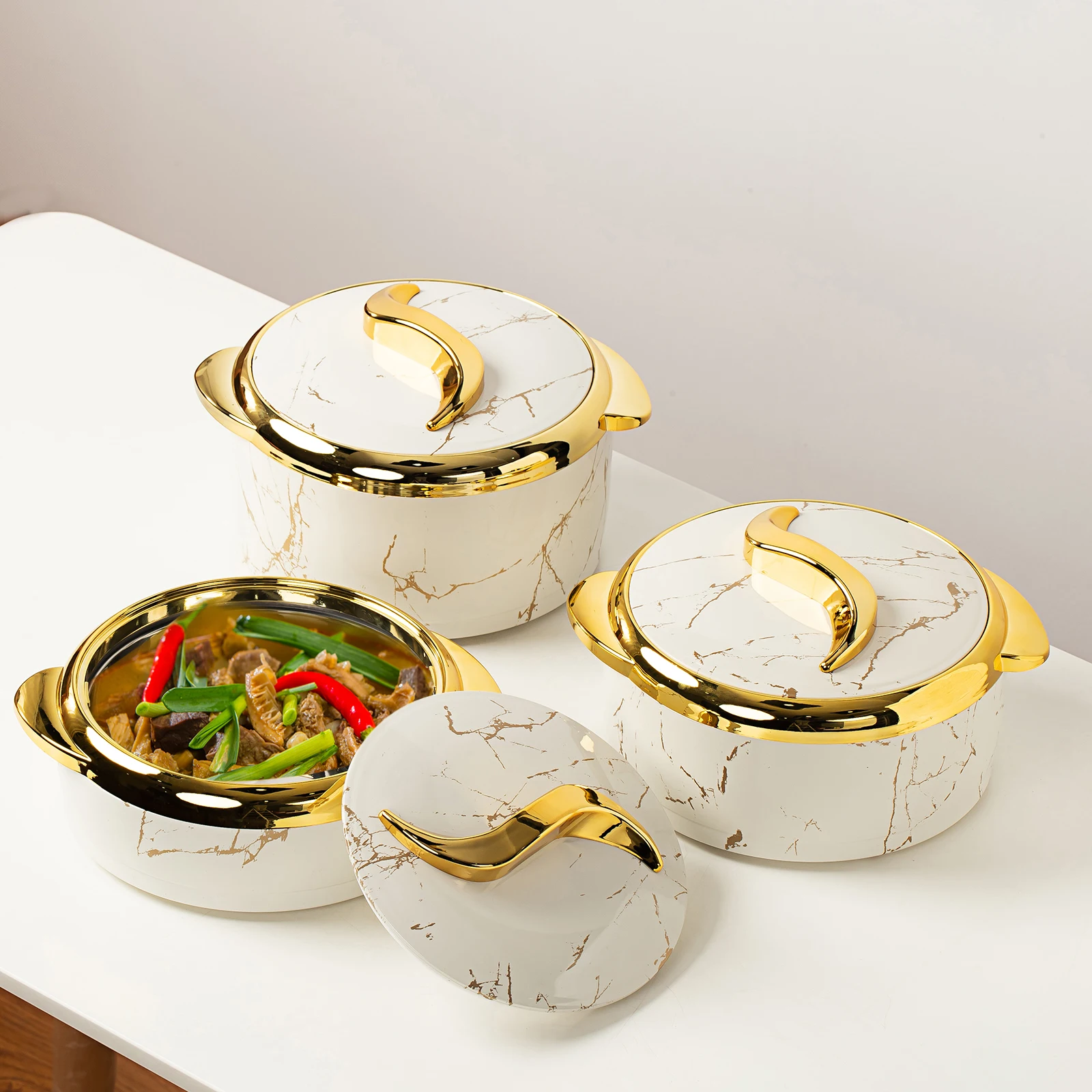 

Luxury 3 Pcs Set 1.5L 2L 2.5L Marble white Food Warmer Casserole Hot Pot Double Wall Stainless Steel Thermos box