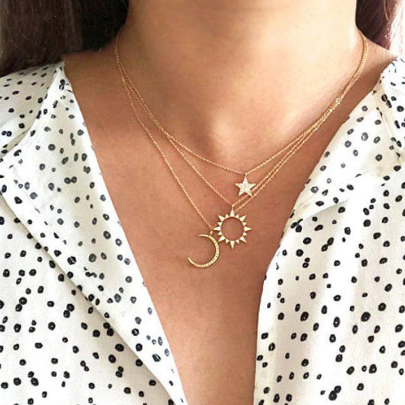 

50611 Hot Gold Plated Moon Sun Necklace Rhinestone Star Sign Choker Fashion Necklace