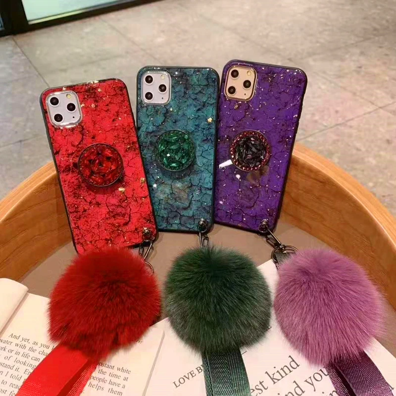 

For iPhone 12 Case Luxury Fur Ball Rope Marble Bling Diamond Stand Plush Ball Strap Glitter Case Cover for iPhone 11 Pro Max, As attacked pictures