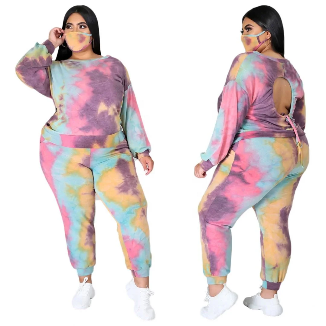 

2021 New Fashion Plus Size O-Neck Women's Clothing Color Tie-Dye Casual Long Spring Autumn Two-Piece Suit, As picture or customized make