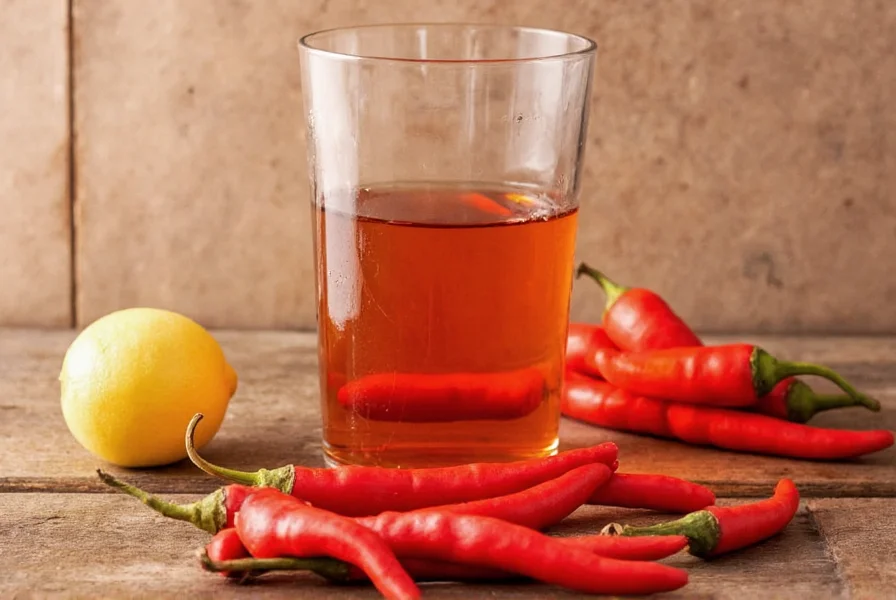 Close-up of red cayenne pepper powder being stirred into clear glass of water with measuring spoon