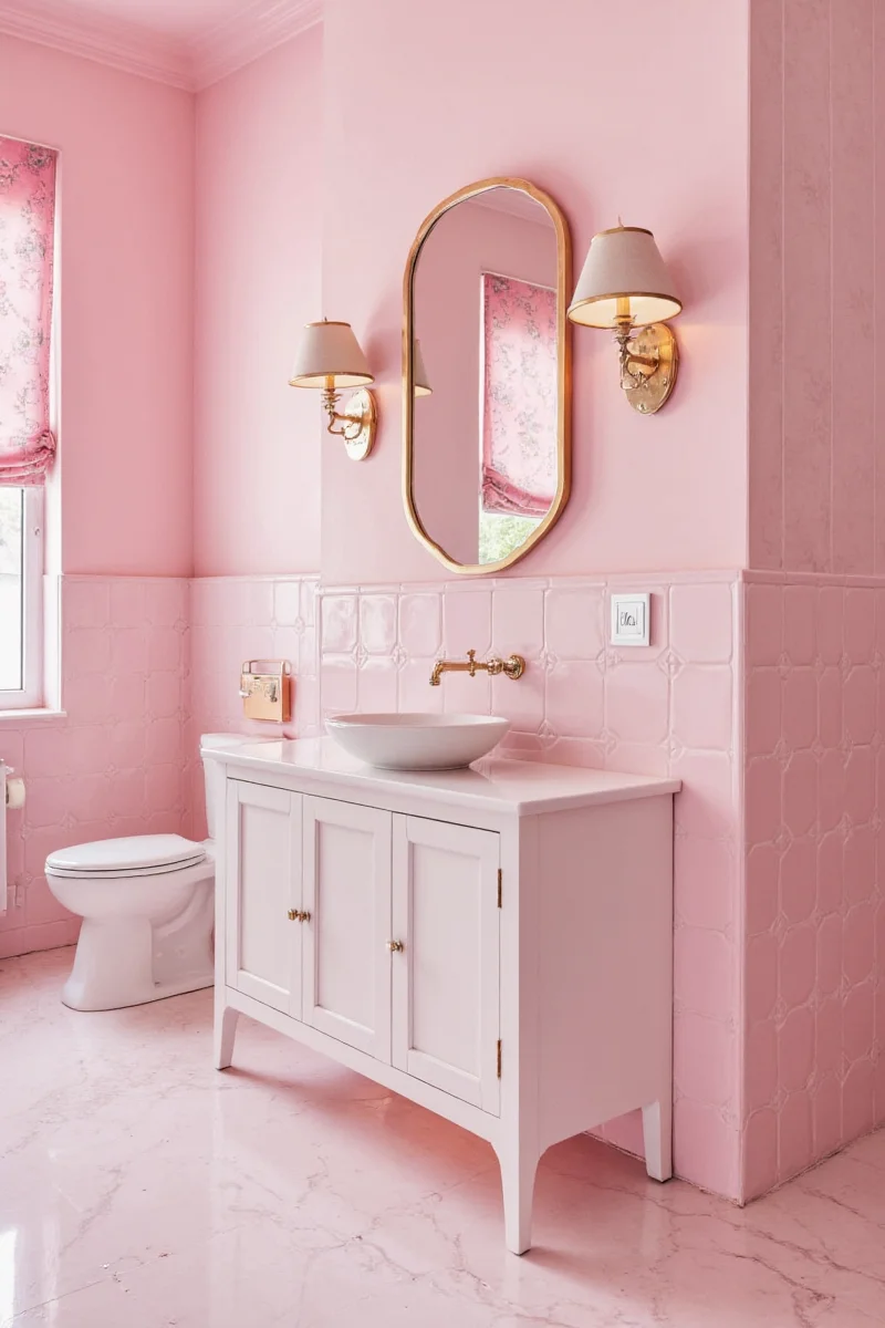 Small pink bathroom with botanical touches and brass accents