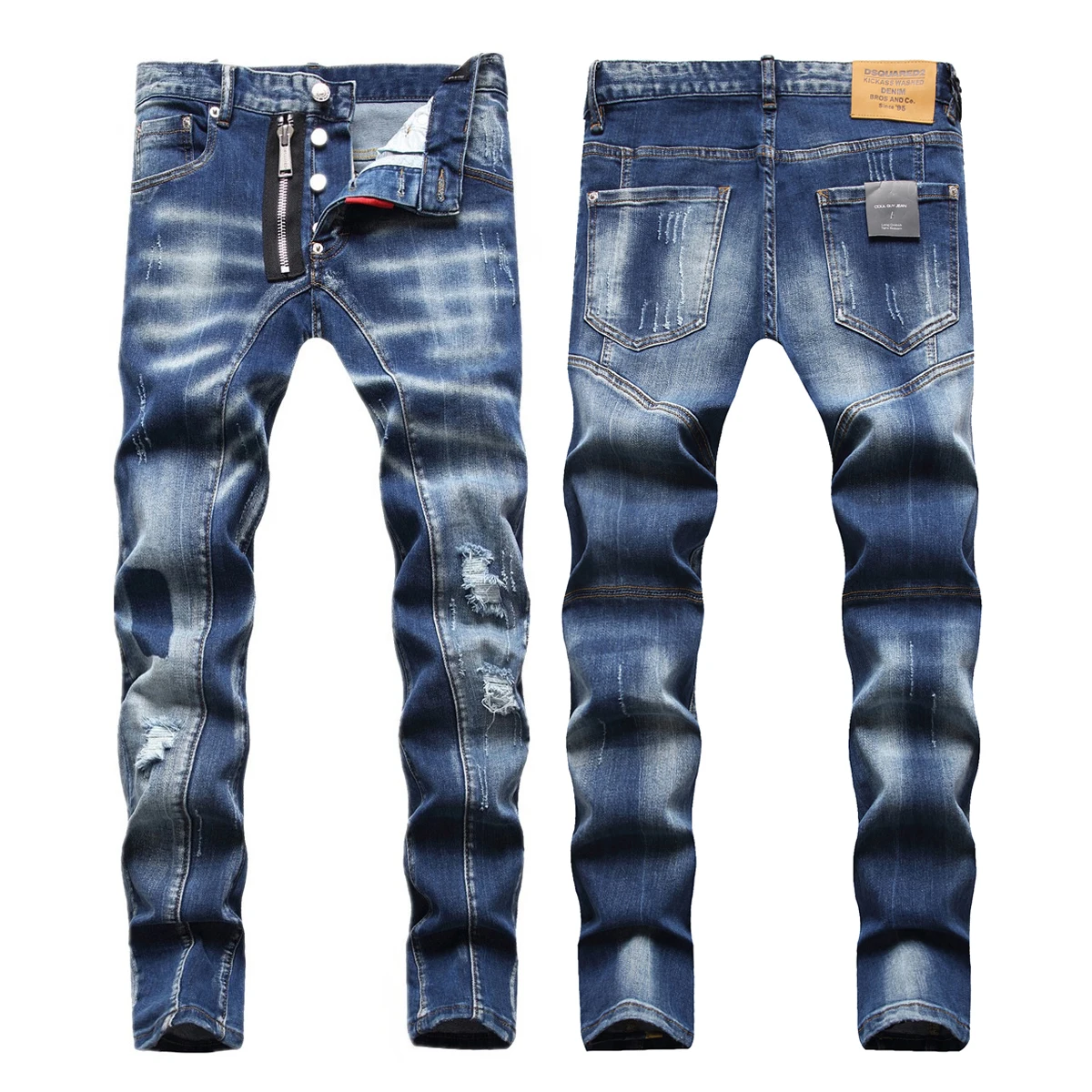 

AeeDenim Custom Logo Worn ripped jeans men's slim feet European and American Korean version trendy men's high-end denim jeans