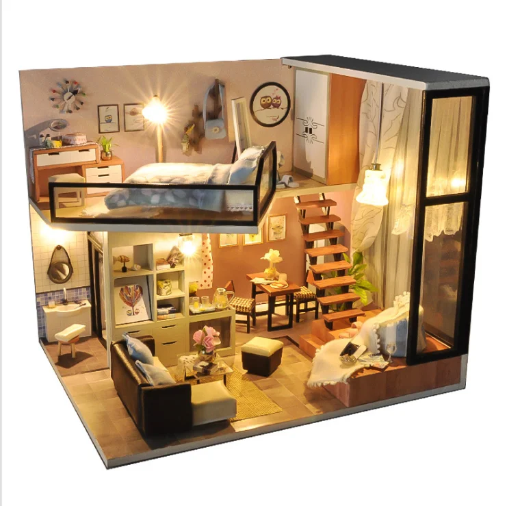 
Handmade double floor model furniture kits miniature LED lights wooden dollhouse diy TYD2284 