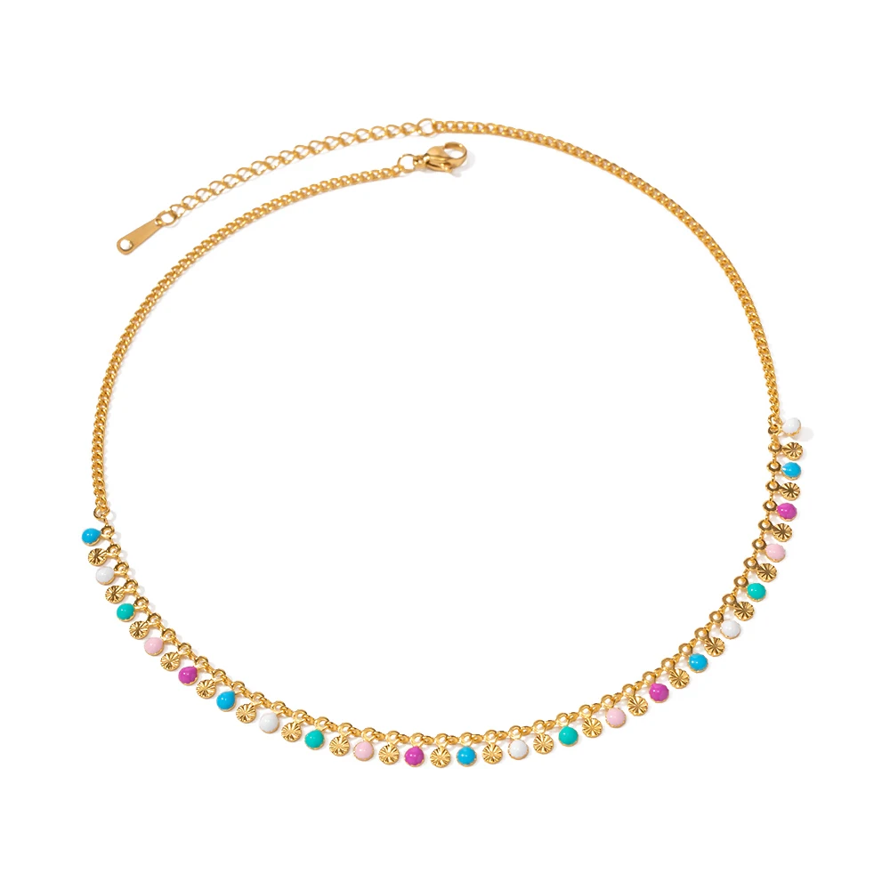 

Minimalist Link Charm Chain 18K Real Gold Plated Stainless Steel Oil Drop Disks Tassels Colorful Necklace