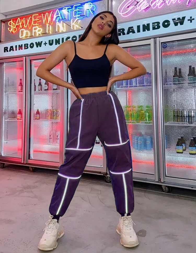 

2021 High Waist Autumn Winter Women Streetwear Club Trousers Patchwork Loose Cargo Reflective Track Pants Clothing