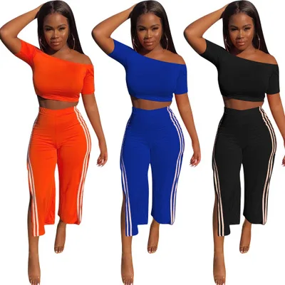 

New Arrivals Off Shoulder Top Wide Leg Pants African Workout 2 Two Piece Set Women Boutique Summer Clothing Ropa Mujer 2021, Grey