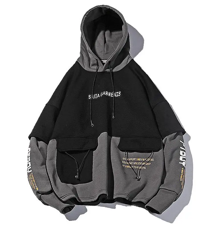 

Wholesale custom men's sweater hooded pullover loose letter printed patch fleece hip-hop streetwear, Black