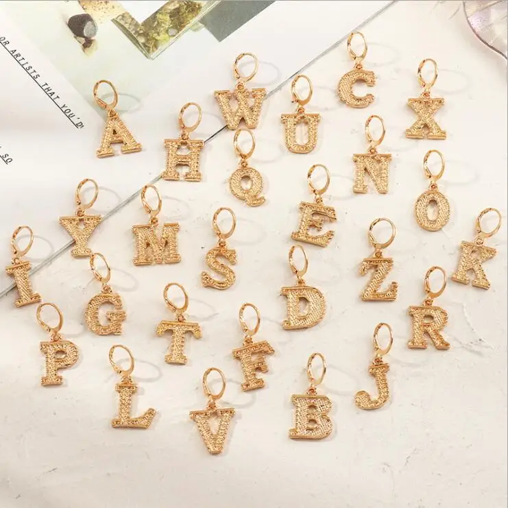 

HOVANCI Single Letter Stud Earrings for Women 2021 Trendy Jewelry Ear Cuffs Rings Women metal Initial letter Hanging Earrings