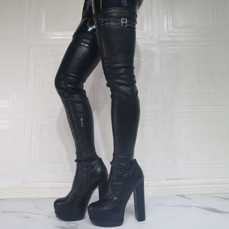 

Custom Available Big Size 47 Stretch Pu Leather Over Knee High Boots Platform Long Thigh High Boots Women Buckle Strap Side Zip