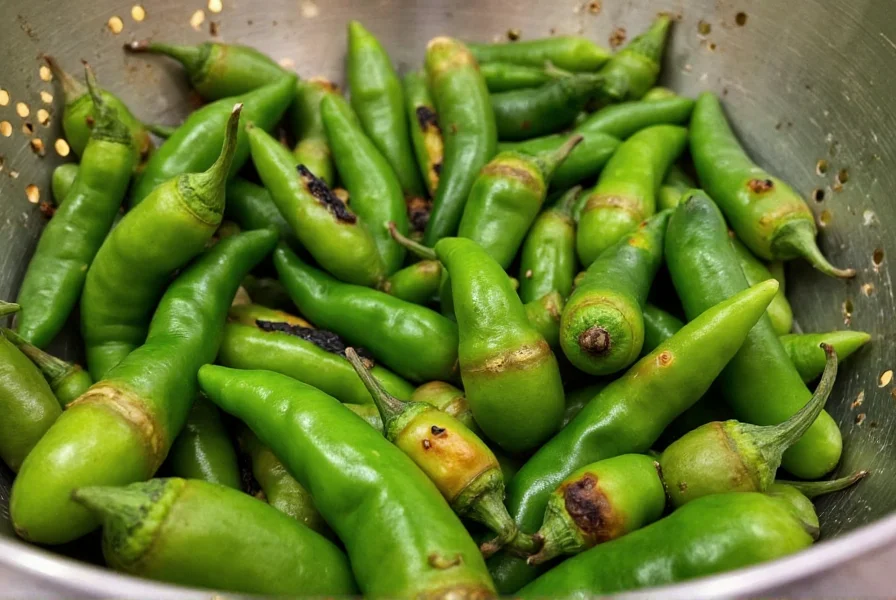 Close-up of canned green chilies being drained in a colander with visible char marks and distinct pepper pieces
